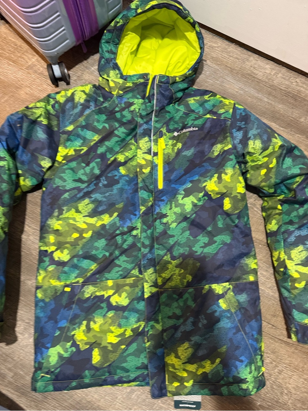 Columbia Kids Neon Camo Hooded Puffer Jacket - Green, Yellow, Blue